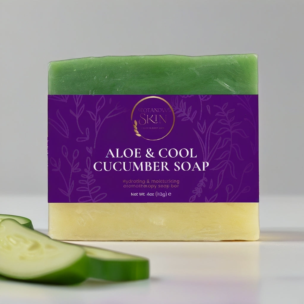 Aloe & Cool Cucumber soap bar with a purple label on a white background