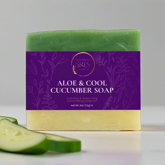 Aloe & Cool Cucumber soap bar with a purple label on a white background